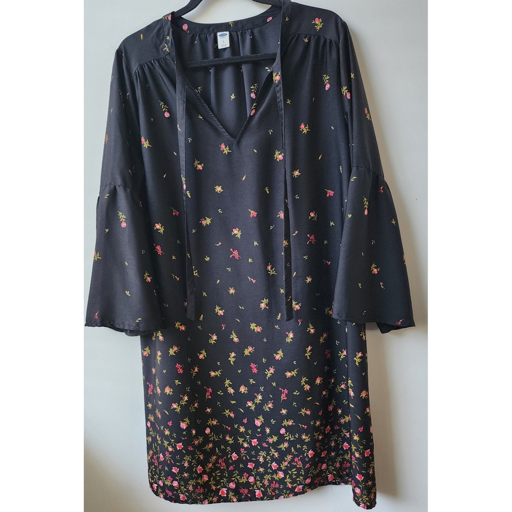 Old Navy Floral Bell Sleeve Shift Dress‎ Black Pink V-Neck Tie Large Womens